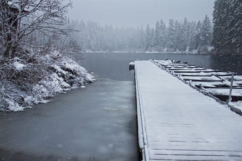 Snow-covered wooden dock with a row of snowed-in rowboats on a half-frozen lake while snow falls